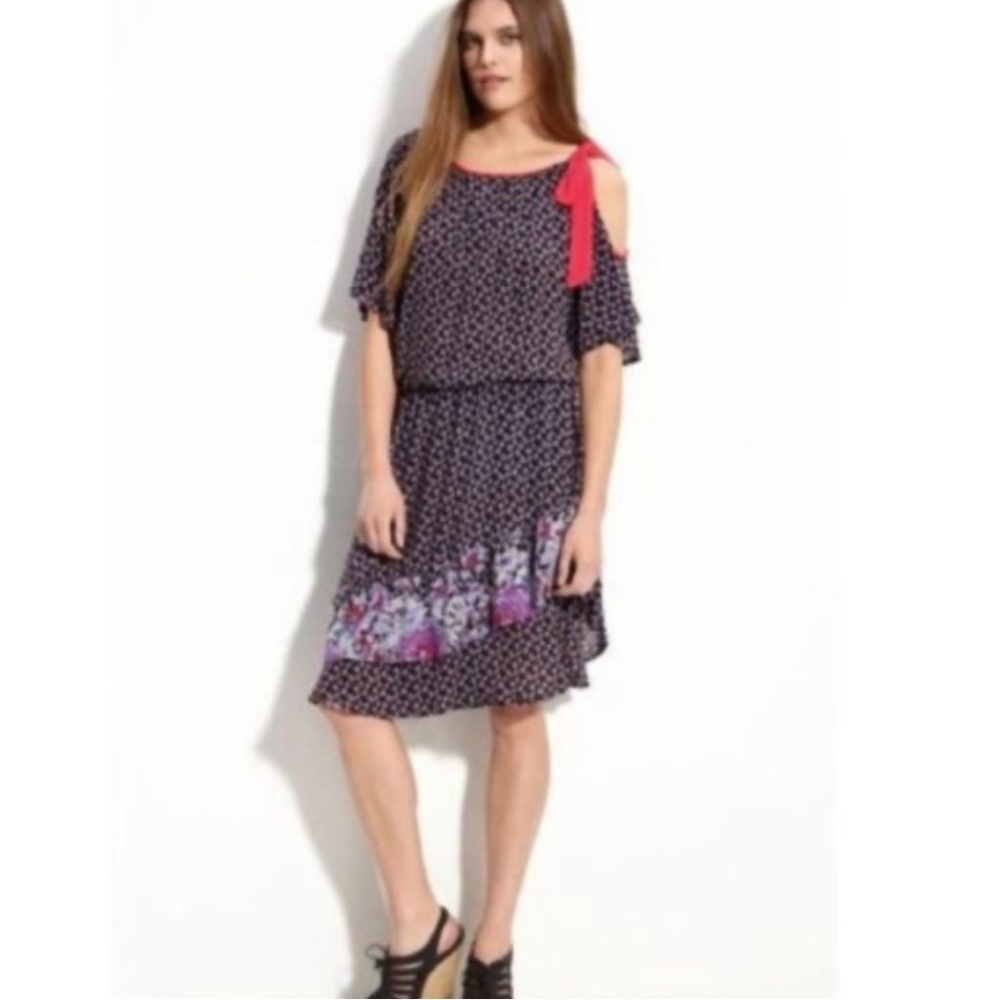 Free People Ditsy Floral Asymmetrical Ruffle Hem Dress M Tie Cold Shoulder Layer